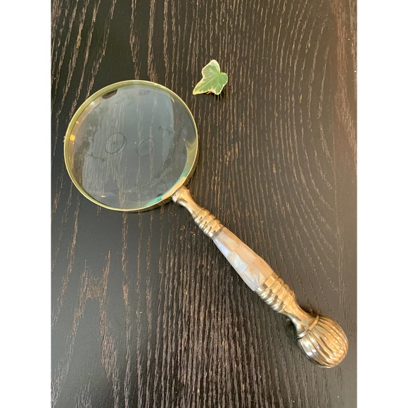 EVENCHAE Mother of Pearl & Brass Magnifying Glass, 4X Magnifier, 4"W Lens, 10"L - Picture 1 of 7